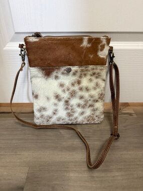 Myra Bag Brown & White Spotted Cowhide Crossbody with Tan Leather Trim